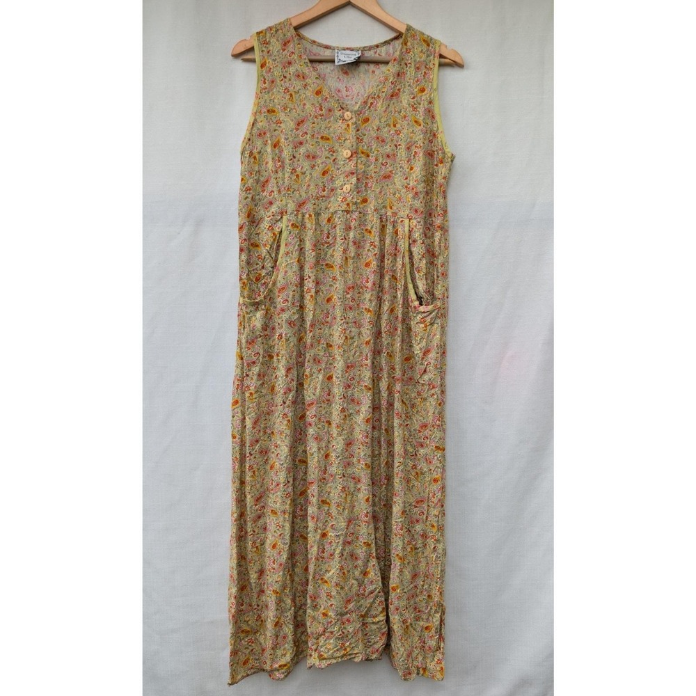 Dressing Clio Vintage Paisley Sleeveless Maxi Dress Rayon Boho Green Pink Med